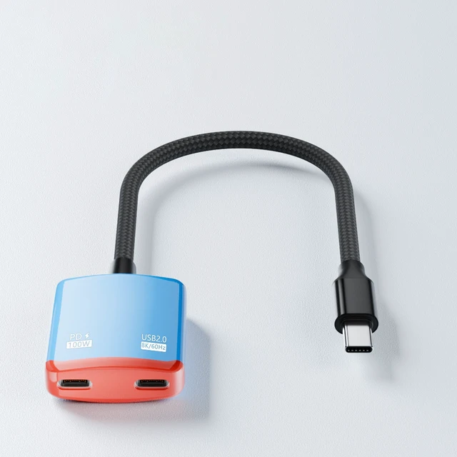 Alt view image 2 of 3 - SOEWIOU USB-C Male to Dual USB-C Female Converter, PD 100W Fast Charging, 8K@60Hz Video Output, USB2.0 Full Function Type-C Adapter, Red & Blue