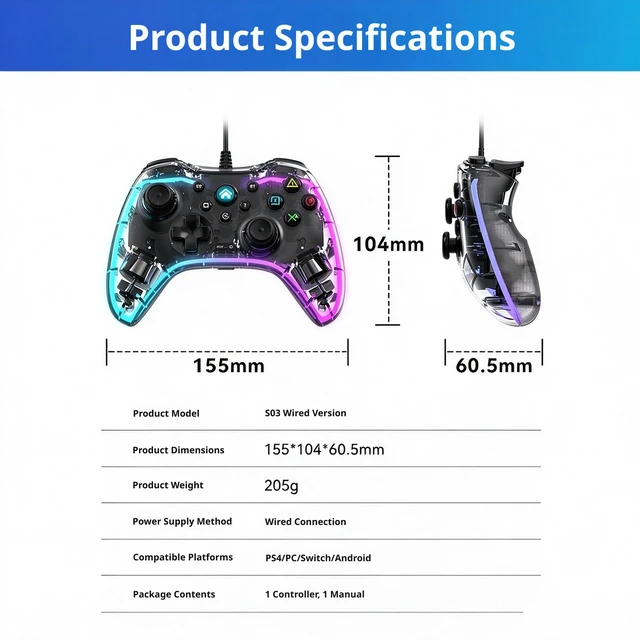Alt view image 6 of 6 - SOEWIOU S03 Transparent Crystal RGB Wired Game Controller, Somatosensory Gamepad for Nintendo Switch, PC, TV Gaming