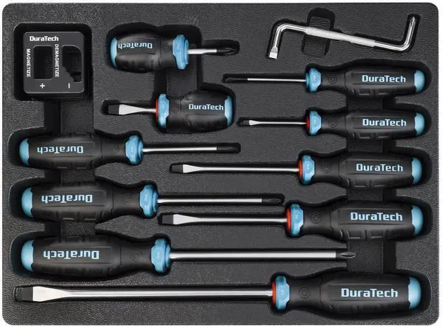 Main image of DURATECH 12-Piece Magnetic Screwdriver Set, 5 Phillips and 5 Slotted Tip S2 Alloy Steel Screwdriver Set, 1 pc Magnetizer Demagnetizer, 1 pc CR-V Offset Screwdriver, Storage Tray Included