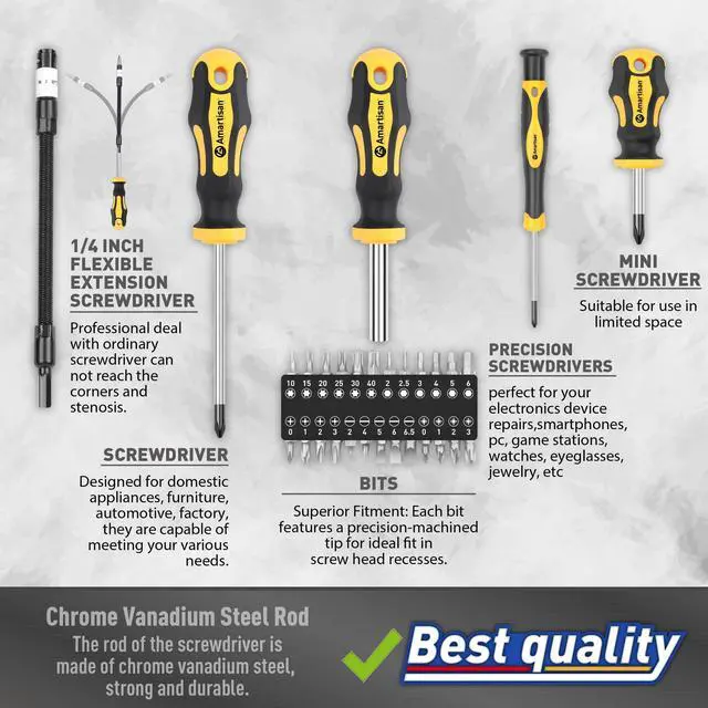 Alt view image 3 of 7 - Magnetic Screwdrivers Set with Case, Amartisan 43-piece Includs Slotted, Phillips, Hex, Pozidriv,Torx and Precision Screwdriver Set, Magnetizer Demagnetizer Tools, Tools for Men