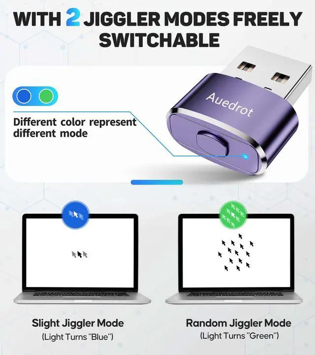 Alt view image 2 of 7 - Mouse Jiggler Undetectable Metal USB Mouse Mover with Switch Button, Automatic Mini Mouse Shaker with 2 Jiggle Modes, Driver-Free, Plug & Play, Keep Computer/Laptop Awake, with USB-C Adapter, Purple