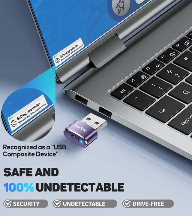 Alt view image 3 of 7 - Mouse Jiggler Undetectable Metal USB Mouse Mover with Switch Button, Automatic Mini Mouse Shaker with 2 Jiggle Modes, Driver-Free, Plug & Play, Keep Computer/Laptop Awake, with USB-C Adapter, Purple