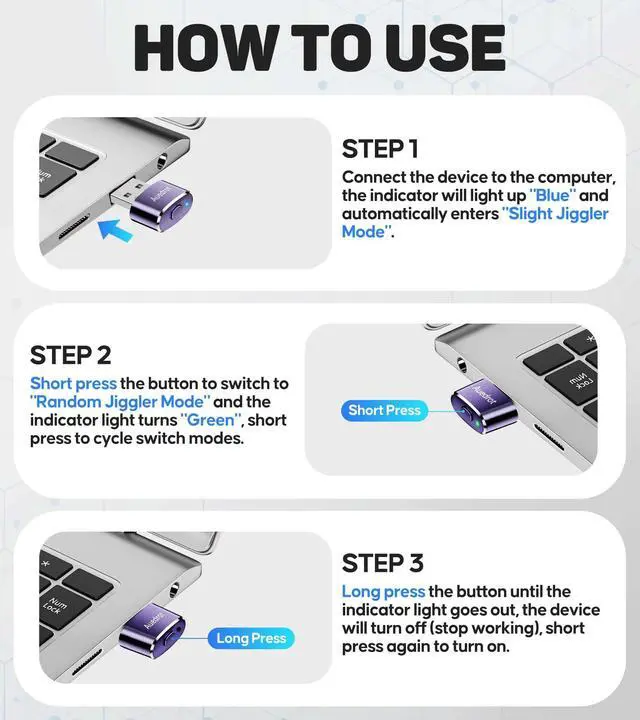 Alt view image 4 of 7 - Mouse Jiggler Undetectable Metal USB Mouse Mover with Switch Button, Automatic Mini Mouse Shaker with 2 Jiggle Modes, Driver-Free, Plug & Play, Keep Computer/Laptop Awake, with USB-C Adapter, Purple