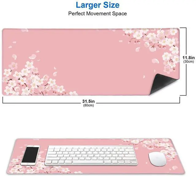Alt view image 2 of 7 - IMAYONDIA Pink Japanese Desk Mat, Cherry Blossom Large Gaming Mouse Pad, Non-Slip Rubber Base Mousepad for Women, Desk Pad for Work, Game, Office, 31.5x11.8 Inch- Sakura Flowers Aesthetic