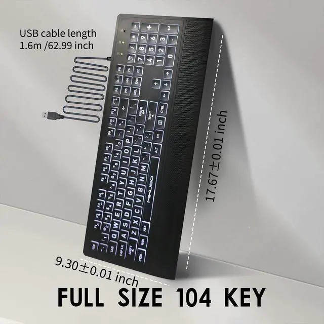 Alt view image 7 of 7 - Large Print Keyboard for Seniors,Visually Impaired-High Contrast Black Keys,White Backlit with Cover,Wired USB 104 Full Size-Easy to Read Big Letters for Macular Degeneration Low Vision (No Glare)