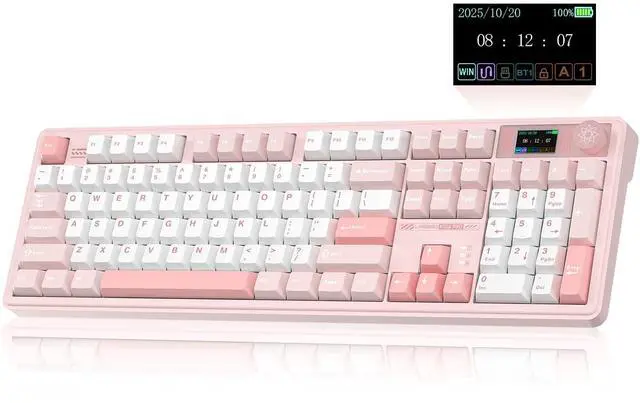 Main image of LINGBAO K108 Pro Wireless Mechanical Keyboard with Screen & Knob, Full Size Creamy Keyboard with Number Pad, 10000mAh Battery, PBT Keycaps, RGB Backlit, Hot-swappable Pink Gaming Keyboard for PC/Mac