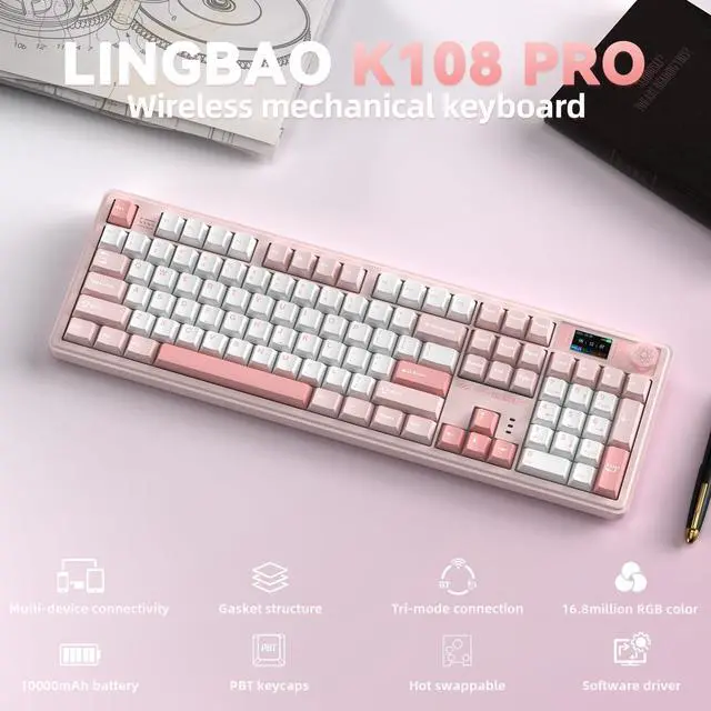 Alt view image 2 of 7 - LINGBAO K108 Pro Wireless Mechanical Keyboard with Screen & Knob, Full Size Creamy Keyboard with Number Pad, 10000mAh Battery, PBT Keycaps, RGB Backlit, Hot-swappable Pink Gaming Keyboard for PC/Mac