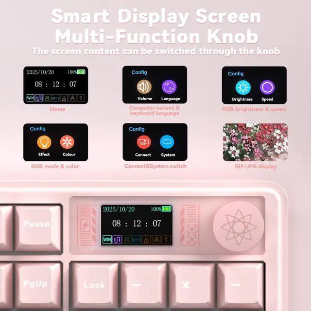Alt view image 4 of 7 - LINGBAO K108 Pro Wireless Mechanical Keyboard with Screen & Knob, Full Size Creamy Keyboard with Number Pad, 10000mAh Battery, PBT Keycaps, RGB Backlit, Hot-swappable Pink Gaming Keyboard for PC/Mac