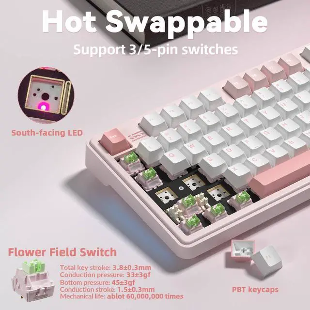 Alt view image 5 of 7 - LINGBAO K108 Pro Wireless Mechanical Keyboard with Screen & Knob, Full Size Creamy Keyboard with Number Pad, 10000mAh Battery, PBT Keycaps, RGB Backlit, Hot-swappable Pink Gaming Keyboard for PC/Mac
