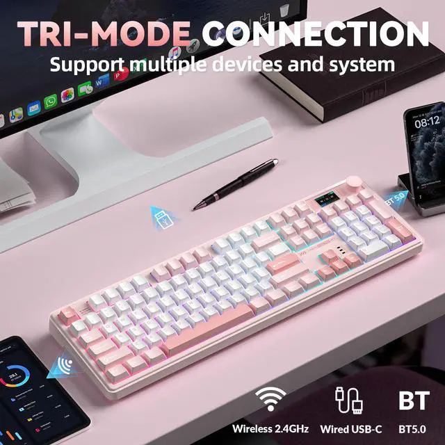 Alt view image 3 of 7 - LINGBAO K108 Pro Wireless Mechanical Keyboard with Screen & Knob, Full Size Creamy Keyboard with Number Pad, 10000mAh Battery, PBT Keycaps, RGB Backlit, Hot-swappable Pink Gaming Keyboard for PC/Mac