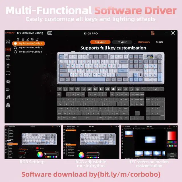 Alt view image 7 of 7 - LINGBAO K108 Pro Wireless Mechanical Keyboard with Screen & Knob, Full Size Creamy Keyboard with Number Pad, 10000mAh Battery, PBT Keycaps, RGB Backlit, Hot-swappable Pink Gaming Keyboard for PC/Mac