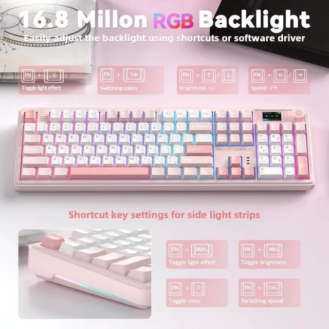 Alt view image 6 of 7 - LINGBAO K108 Pro Wireless Mechanical Keyboard with Screen & Knob, Full Size Creamy Keyboard with Number Pad, 10000mAh Battery, PBT Keycaps, RGB Backlit, Hot-swappable Pink Gaming Keyboard for PC/Mac