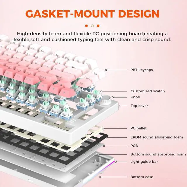 Alt view image 3 of 7 - DAREU EK75PRO Sakura Pink Wireless Mechanical Keyboard,75% Hot Swap Creamy Gaming Keyboard with Knob,RGB Backlit,Gasket Custom Structure,Side Printed PBT Keycaps,2.4Ghz/BT5.1/USB-C, for Win/MAC