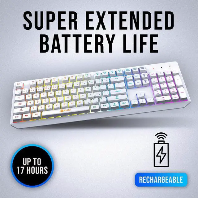 Alt view image 3 of 7 - KLIM Chroma White Wireless Keyboard RGB Backlit, Rechargeable Battery, Wireless Keyboard with Water-Resistant Durable Design, Compatible with PC, Mac, PS4, PS5