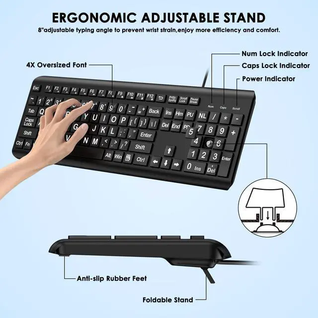 Alt view image 5 of 7 - EDJO Large Print Computer Keyboard, Wired USB Full Size Quiet Keyboard with 4X Oversized Print Letters for Visually Impaired Low Vision Individuals Easy to See and Type for PC, Laptop,Windows