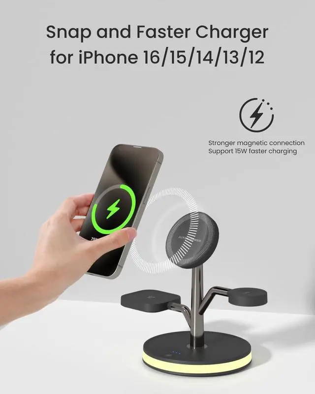 Alt view image 2 of 7 - 3 in 1 Charging Station for Apple Devices, Fast Charging Magsafe Charger Stand with LED Light and 20W PD Adapter, Wireless Nightstand Charger for iPhone17/16/15/14/13/12 Series,AirPods,iWatch and More