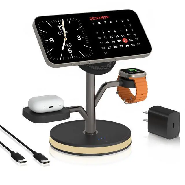 Main image of 3 in 1 Charging Station for Apple Devices, Fast Charging Magsafe Charger Stand with LED Light and 20W PD Adapter, Wireless Nightstand Charger for iPhone17/16/15/14/13/12 Series,AirPods,iWatch and More