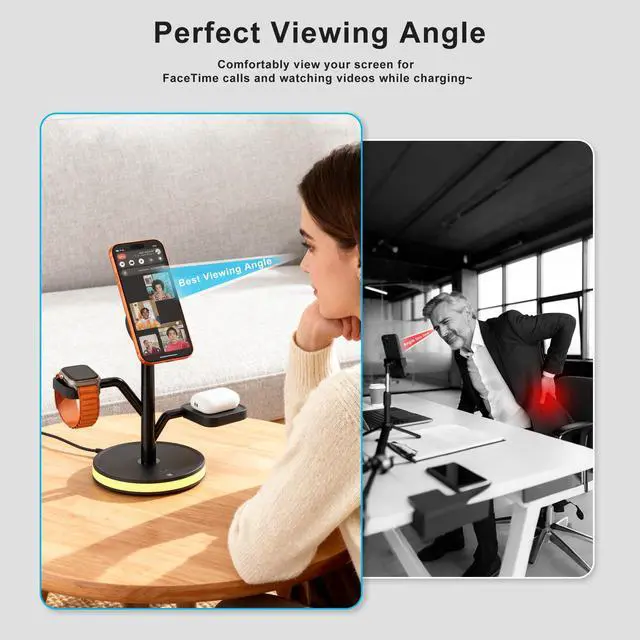 Alt view image 6 of 7 - 3 in 1 Charging Station for Apple Devices, Fast Charging Magsafe Charger Stand with LED Light and 20W PD Adapter, Wireless Nightstand Charger for iPhone17/16/15/14/13/12 Series,AirPods,iWatch and More