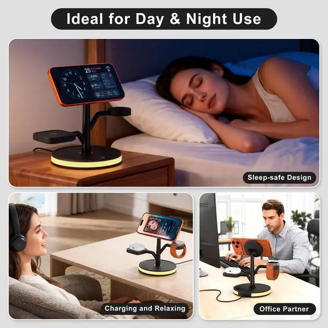 Alt view image 7 of 7 - 3 in 1 Charging Station for Apple Devices, Fast Charging Magsafe Charger Stand with LED Light and 20W PD Adapter, Wireless Nightstand Charger for iPhone17/16/15/14/13/12 Series,AirPods,iWatch and More