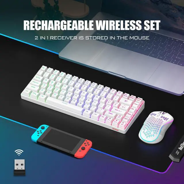 Alt view image 2 of 7 - RedThunder K84 Wireless Keyboard and Mouse Combo, Rainbow Backlit Rechargeable Battery, 75% Layout TKL Ultra Compact Gaming Keyboard & Lightweight 3200 DPI Honeycomb Optical Mouse (White)