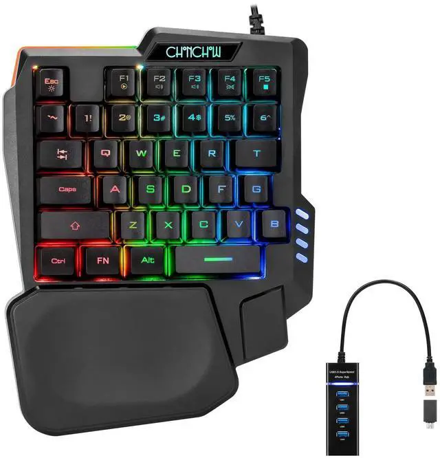 Main image of CHONCHOW One Handed Gaming Keyboard, 35 Keys, Rainbow LED, Wired USB, Ergonomic with Wrist Rest, Mini Portable, PS4/PS5/Xbox/PC/Laptop Compatible