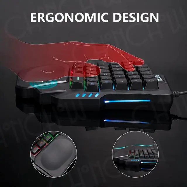 Alt view image 4 of 7 - CHONCHOW One Handed Gaming Keyboard, 35 Keys, Rainbow LED, Wired USB, Ergonomic with Wrist Rest, Mini Portable, PS4/PS5/Xbox/PC/Laptop Compatible