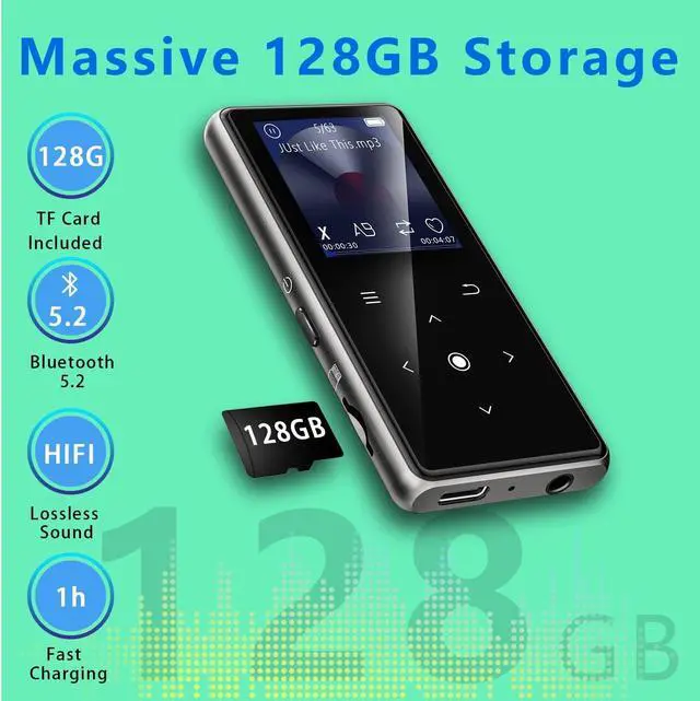 Alt view image 3 of 7 - 128GB MP3 Player with Bluetooth 5.2, AiMoonsa Music Player with Built-in HD Speaker, FM Radio, Voice Recorder, HiFi Sound, E-Book, Earphones Included