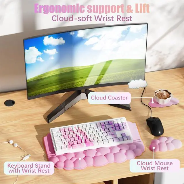 Alt view image 4 of 7 - Wrist Rest with Keyboard Stand, Ergonomic Computer Wrist Support Pad, Cloud Keyboard Riser Holder with Wrist Pad, Memory Foam Desk Cushion, Palm Hand Typing for Office Home School-Pink