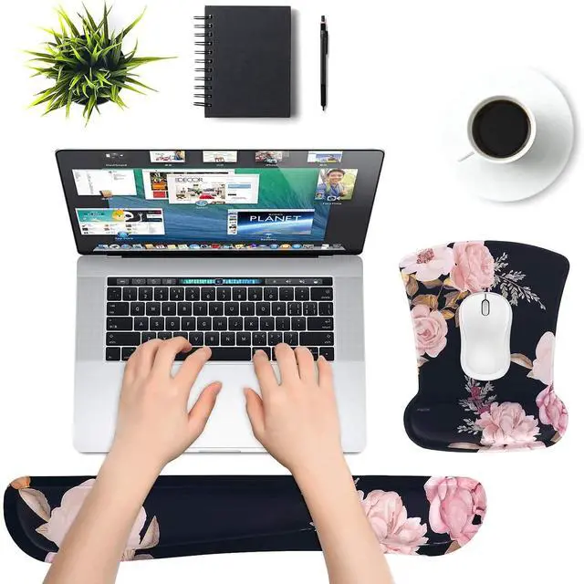 Alt view image 2 of 7 - MOSISO Wrist Rest Support for Mouse Pad & Keyboard Set, Peony Ergonomic Mousepad Non-Slip Base Home/Office Pain Relief & Easy Typing Cushion with Neoprene Cloth & Raised Memory Foam, Black