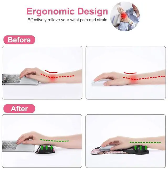 Alt view image 3 of 7 - MOSISO Wrist Rest Support for Mouse Pad & Keyboard Set, Peony Ergonomic Mousepad Non-Slip Base Home/Office Pain Relief & Easy Typing Cushion with Neoprene Cloth & Raised Memory Foam, Black