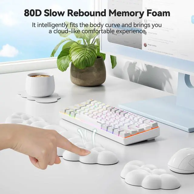 Alt view image 5 of 7 - TECKNET Cloud Keyboard Wrist Rest Set, Cloud Wrist Rest with Non-Slip Base, PU Leather Wrist Pad for Keyboard with Ergonomic Memory Foam for Computer Laptop Office Gaming and Pain Relief, White