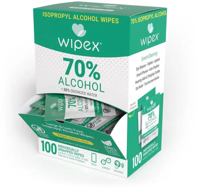 Main image of Wipex 70% Isopropyl Alcohol Wipes - Individually Wrapped Sachets, Electronic & Tech Wipes in Dispensing Box, 100 Count (Pack of 1)