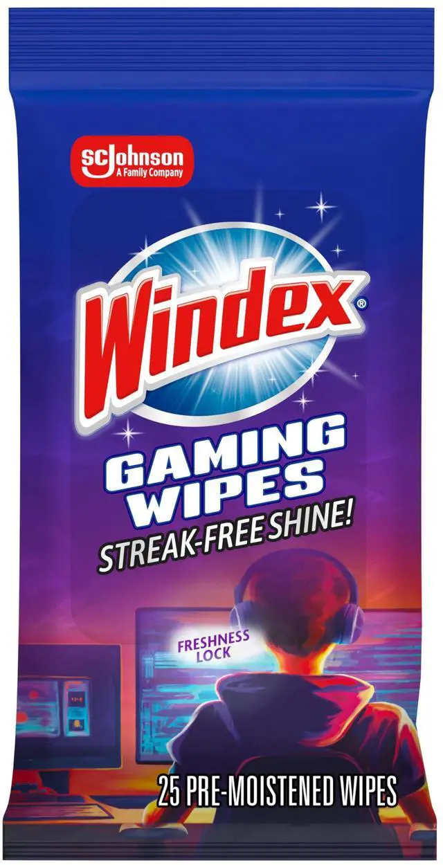 Main image of Windex Gaming Cleaning Wipes, Pre-Moistened Wipes to Instantly Clean all Gaming Gear and Electronics, Resealable Packaging for a Freshness Lock, 25 count (Pack of 1)