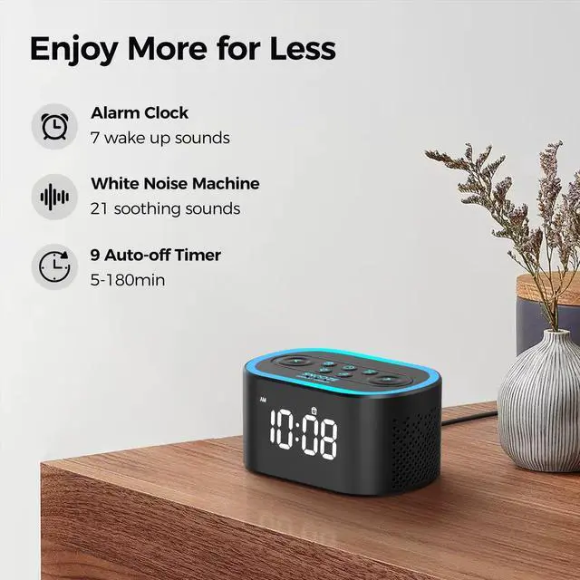 Alt view image 2 of 7 - Reacher Digital Alarm Clock & White Noise Sound Machine, 21 Soothing Sounds, 7 Wake Up Sounds, 8 Night Lights, 32-Level Volume, 9 Sleep Timer, Memory Function for Adult, Kid, Bedside, Bedroom