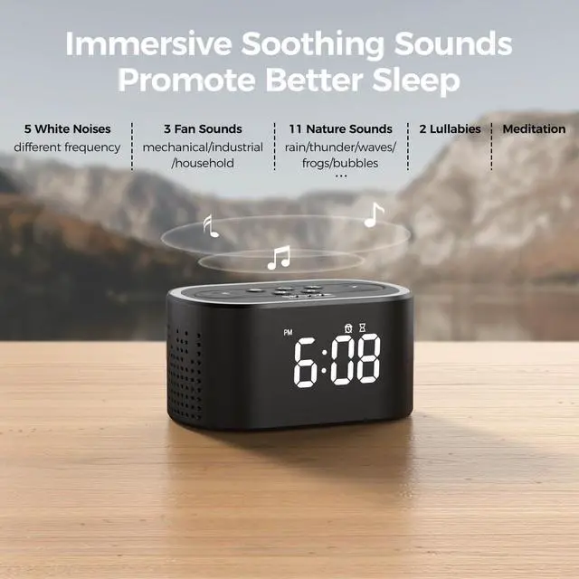 Alt view image 4 of 7 - Reacher Digital Alarm Clock & White Noise Sound Machine, 21 Soothing Sounds, 7 Wake Up Sounds, 8 Night Lights, 32-Level Volume, 9 Sleep Timer, Memory Function for Adult, Kid, Bedside, Bedroom