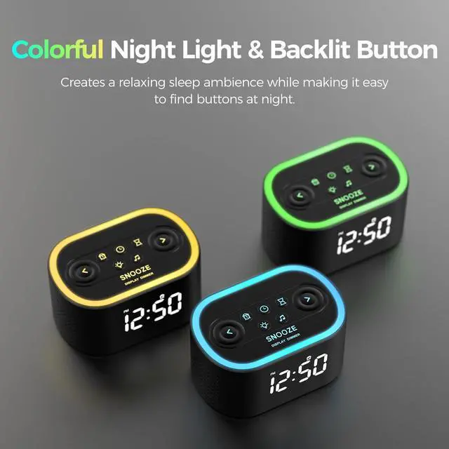 Alt view image 7 of 7 - Reacher Digital Alarm Clock & White Noise Sound Machine, 21 Soothing Sounds, 7 Wake Up Sounds, 8 Night Lights, 32-Level Volume, 9 Sleep Timer, Memory Function for Adult, Kid, Bedside, Bedroom