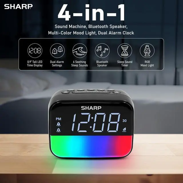 Alt view image 2 of 7 - Sharp Multi-Color Bluetooth Alarm Clock with Sleep Sounds, RGB Night Light, Dual Alarms, LED Display with Dimmer, Snooze & Sleep Timer, Bedside Clock with Speaker