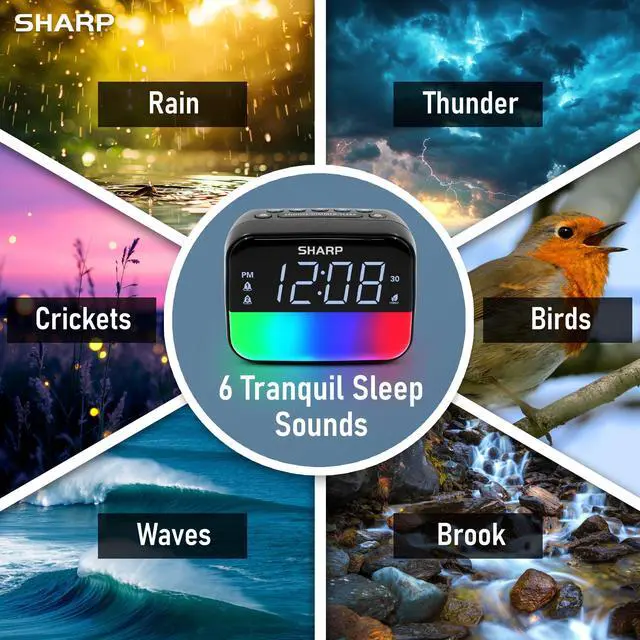 Alt view image 3 of 7 - Sharp Multi-Color Bluetooth Alarm Clock with Sleep Sounds, RGB Night Light, Dual Alarms, LED Display with Dimmer, Snooze & Sleep Timer, Bedside Clock with Speaker
