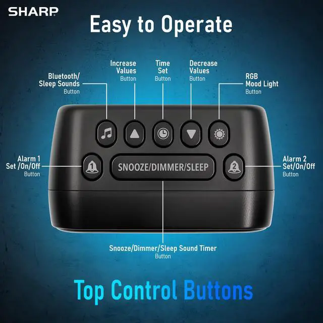 Alt view image 4 of 7 - Sharp Multi-Color Bluetooth Alarm Clock with Sleep Sounds, RGB Night Light, Dual Alarms, LED Display with Dimmer, Snooze & Sleep Timer, Bedside Clock with Speaker