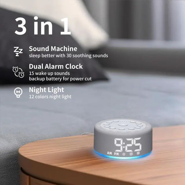 Alt view image 2 of 7 - Plug-in Sound White Noise Machine Backup Battery Alarm Clock Brown Noise Machine with Night Light Dual Alarms 30 Sleeping Sounds for Baby Kids Adults 36-Level Vol 5 Timers 15 Wake Up Sounds & Memory