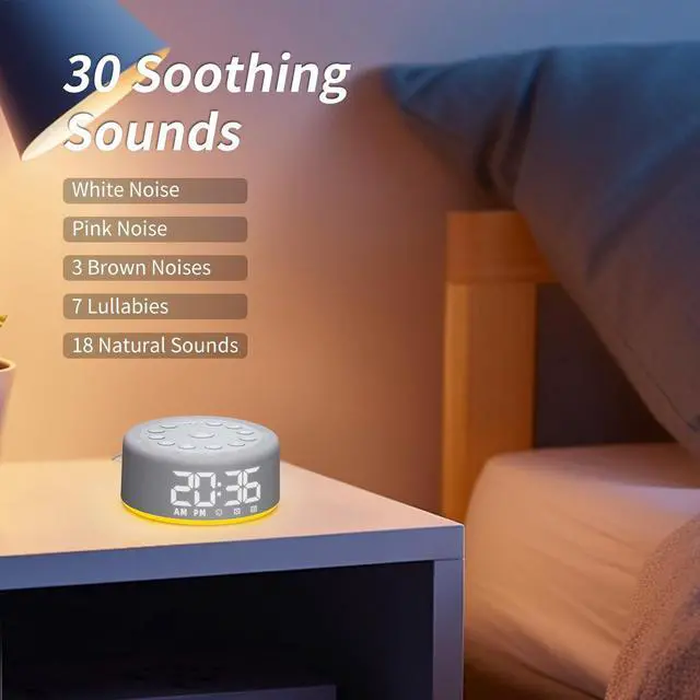 Alt view image 3 of 7 - Plug-in Sound White Noise Machine Backup Battery Alarm Clock Brown Noise Machine with Night Light Dual Alarms 30 Sleeping Sounds for Baby Kids Adults 36-Level Vol 5 Timers 15 Wake Up Sounds & Memory