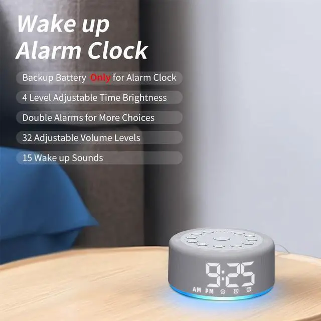 Alt view image 4 of 7 - Plug-in Sound White Noise Machine Backup Battery Alarm Clock Brown Noise Machine with Night Light Dual Alarms 30 Sleeping Sounds for Baby Kids Adults 36-Level Vol 5 Timers 15 Wake Up Sounds & Memory