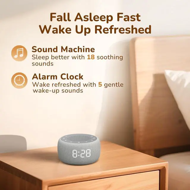 Alt view image 2 of 6 - Buffbee Alarm Clock with Sound Machine for Bedrooms 2-in-1 White Noise Machine for Sleep, Gentle Wake-Up with Soft Alarm Sounds, Ambient Night Light, Plug-in, Sleep Better, Wake Gently