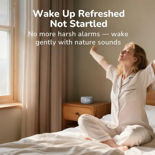 Alt view image 4 of 6 - Buffbee Alarm Clock with Sound Machine for Bedrooms 2-in-1 White Noise Machine for Sleep, Gentle Wake-Up with Soft Alarm Sounds, Ambient Night Light, Plug-in, Sleep Better, Wake Gently