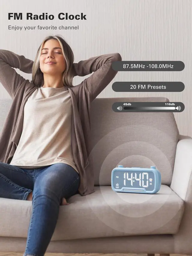 Alt view image 3 of 7 - Mesqool Digital Alarm Clock with 2 USB Chargers,Bluetooth Speaker, FM Radio,Night Light,5-Level Dimmer,Adjustable Volume,12/24H,Snooze,Battery Backup,Loud Clock Radio for Heavy Sleepers Adults