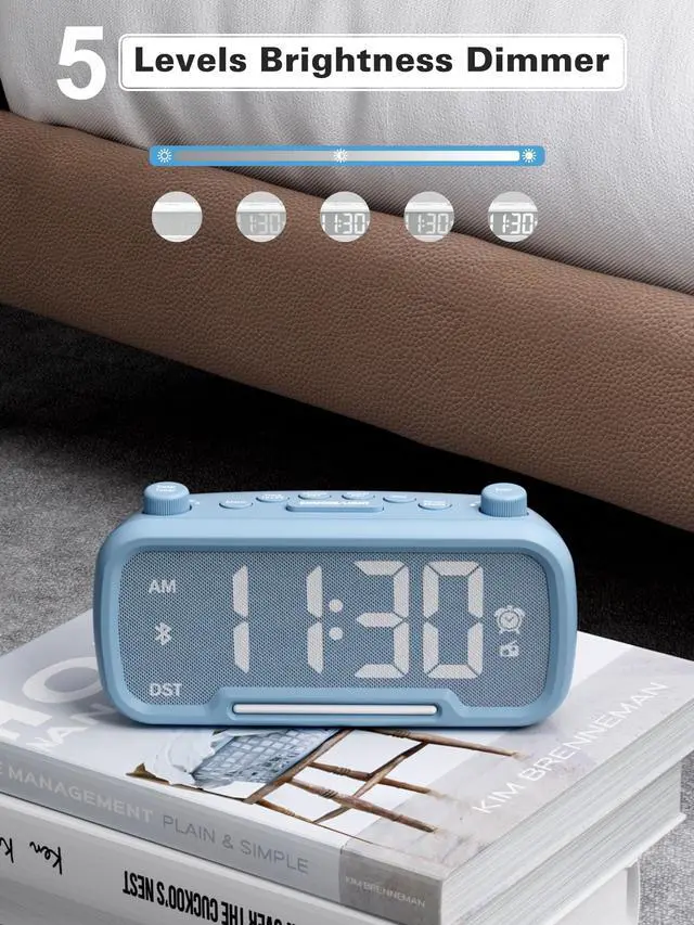 Alt view image 4 of 7 - Mesqool Digital Alarm Clock with 2 USB Chargers,Bluetooth Speaker, FM Radio,Night Light,5-Level Dimmer,Adjustable Volume,12/24H,Snooze,Battery Backup,Loud Clock Radio for Heavy Sleepers Adults