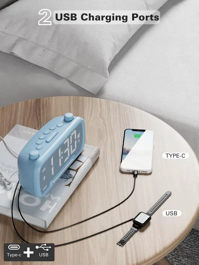 Alt view image 5 of 7 - Mesqool Digital Alarm Clock with 2 USB Chargers,Bluetooth Speaker, FM Radio,Night Light,5-Level Dimmer,Adjustable Volume,12/24H,Snooze,Battery Backup,Loud Clock Radio for Heavy Sleepers Adults