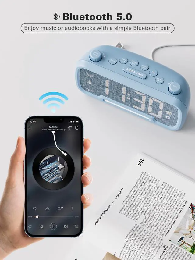 Alt view image 6 of 7 - Mesqool Digital Alarm Clock with 2 USB Chargers,Bluetooth Speaker, FM Radio,Night Light,5-Level Dimmer,Adjustable Volume,12/24H,Snooze,Battery Backup,Loud Clock Radio for Heavy Sleepers Adults