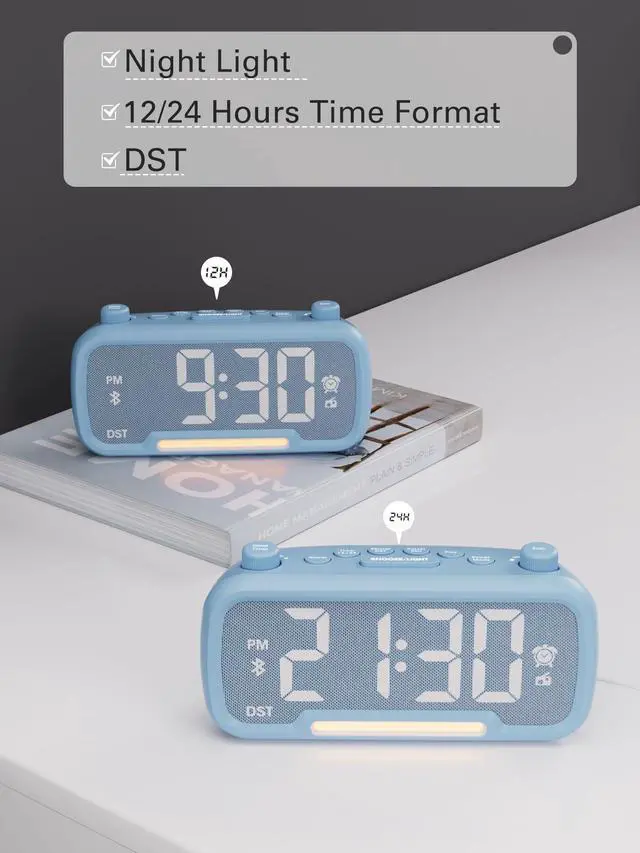 Alt view image 7 of 7 - Mesqool Digital Alarm Clock with 2 USB Chargers,Bluetooth Speaker, FM Radio,Night Light,5-Level Dimmer,Adjustable Volume,12/24H,Snooze,Battery Backup,Loud Clock Radio for Heavy Sleepers Adults