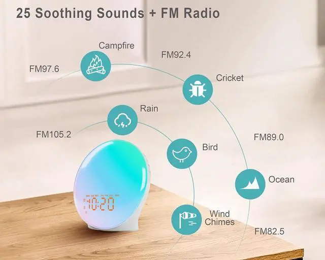 Alt view image 4 of 7 - Wake Up Light Sunrise Alarm Clock for Bedroom, 17 Nightlights, Sound Machine with 5W Bluetooth Speaker, 25 Soothing Sounds, SleepTimer, Dual Alarms, FM Radio, Ideal Gift for Baby, Kids, Adults, Senior